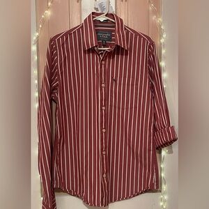 Abercrombie & Fitch Men's Burgundy and White Striped Button-Down Shirt